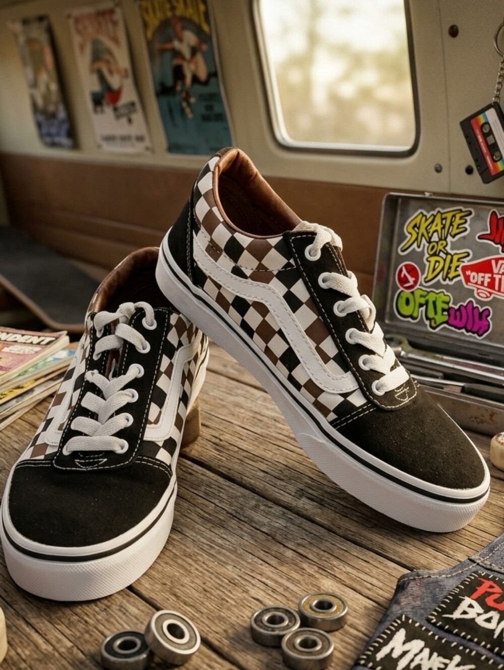 Vans Ward Low Top Checkerboard Skate Shoes Black Brown Youth Size 3 Y